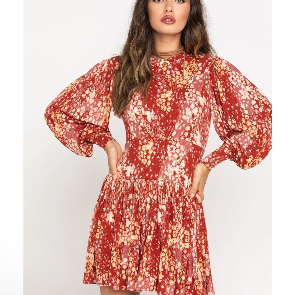 Free People Heartbeats Mini Dress Puff Sleeves Red and Yellow sz S